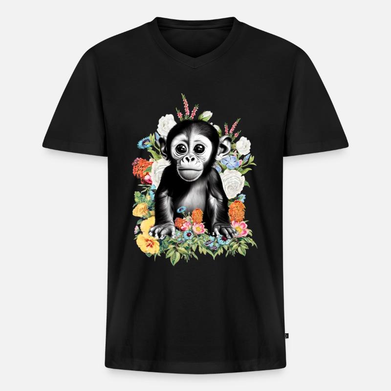 Affe Blumen - Männer Premium Bio T-Shirt mit V-Ausschnitt - Schwarz