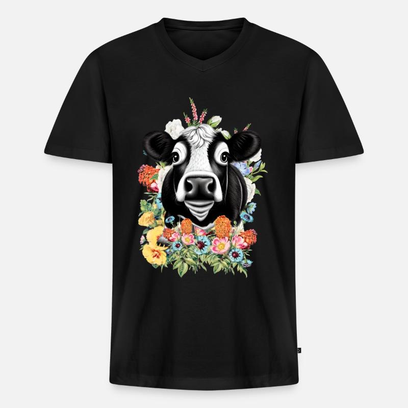 Kuh Blumen - Männer Premium Bio T-Shirt mit V-Ausschnitt - Schwarz