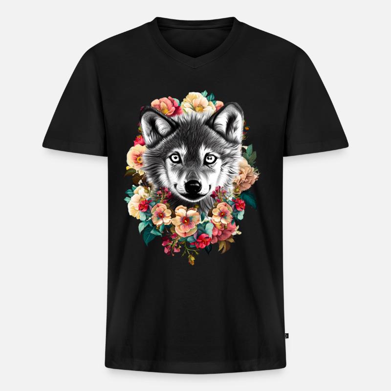 Wolf Blumen - Männer Premium Bio T-Shirt mit V-Ausschnitt - Schwarz