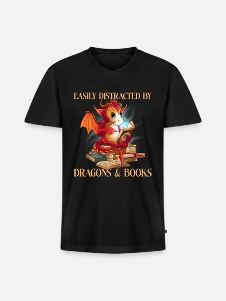 Dragons et livres - T-shirt encolure en V Premium bio Homme - noir