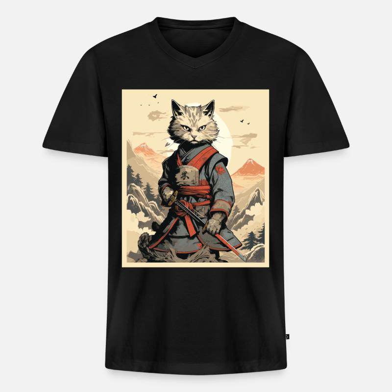 Japanese Cat Warrior - Männer Premium Bio T-Shirt mit V-Ausschnitt - Schwarz