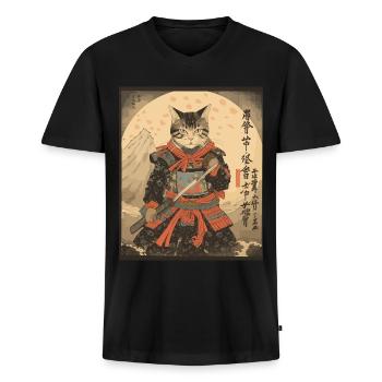 Ninja Cat Samurai Sword | Meow Warrior - Männer Premium Bio T-Shirt mit V-Ausschnitt - Schwarz - Vorne - Nico (187cm)