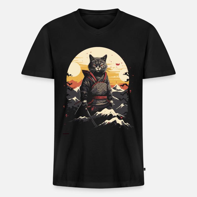 Japanese Samurai Kitty Swordplay - Männer Premium Bio T-Shirt mit V-Ausschnitt - Schwarz