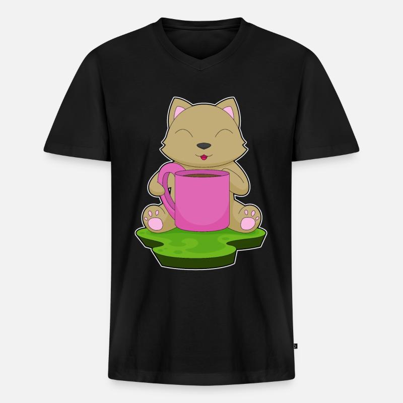 Katze Kaffee Becher - Männer Premium Bio T-Shirt mit V-Ausschnitt - Schwarz