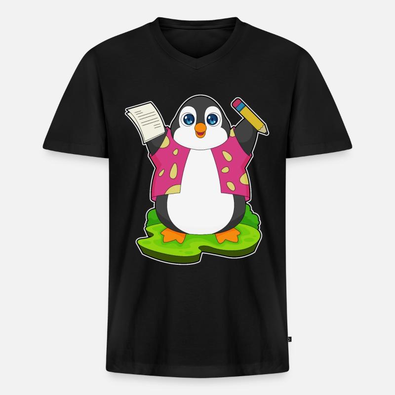 Pinguin Bleistift Papier Schule - Männer Premium Bio T-Shirt mit V-Ausschnitt - Schwarz