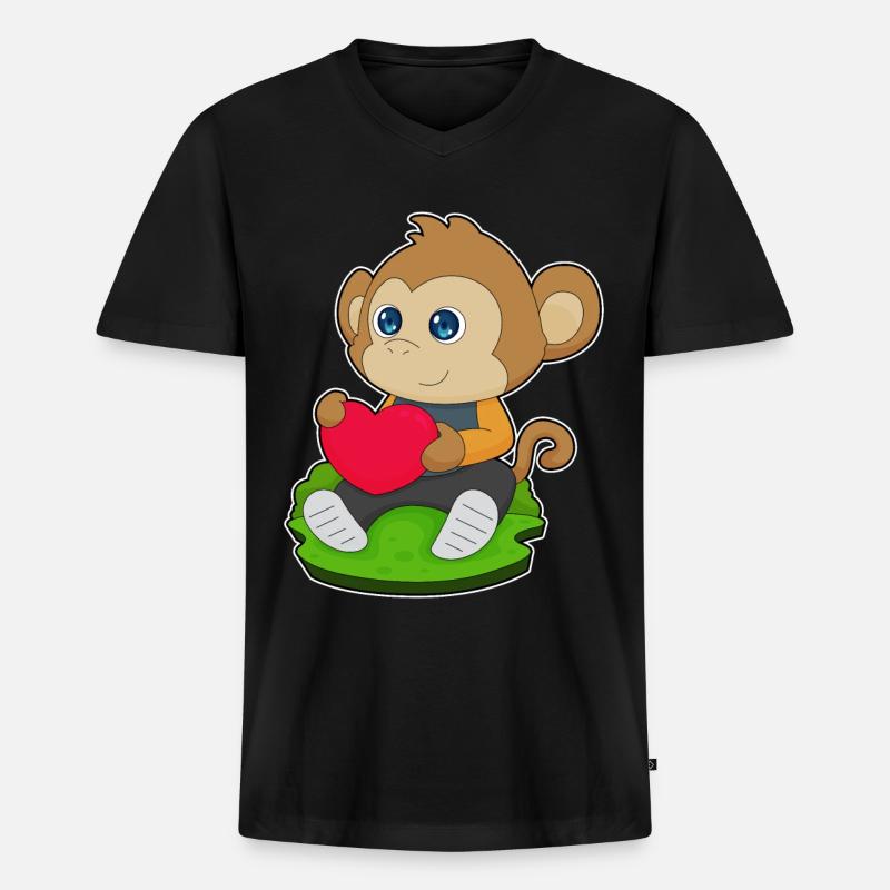 Affe Herz Luftballon - Männer Premium Bio T-Shirt mit V-Ausschnitt - Schwarz