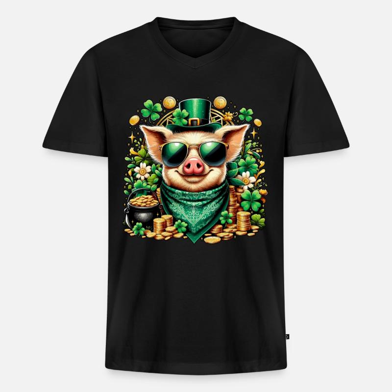 Cooles Schwein mit Kleeblatt - Männer Premium Bio T-Shirt mit V-Ausschnitt - Schwarz
