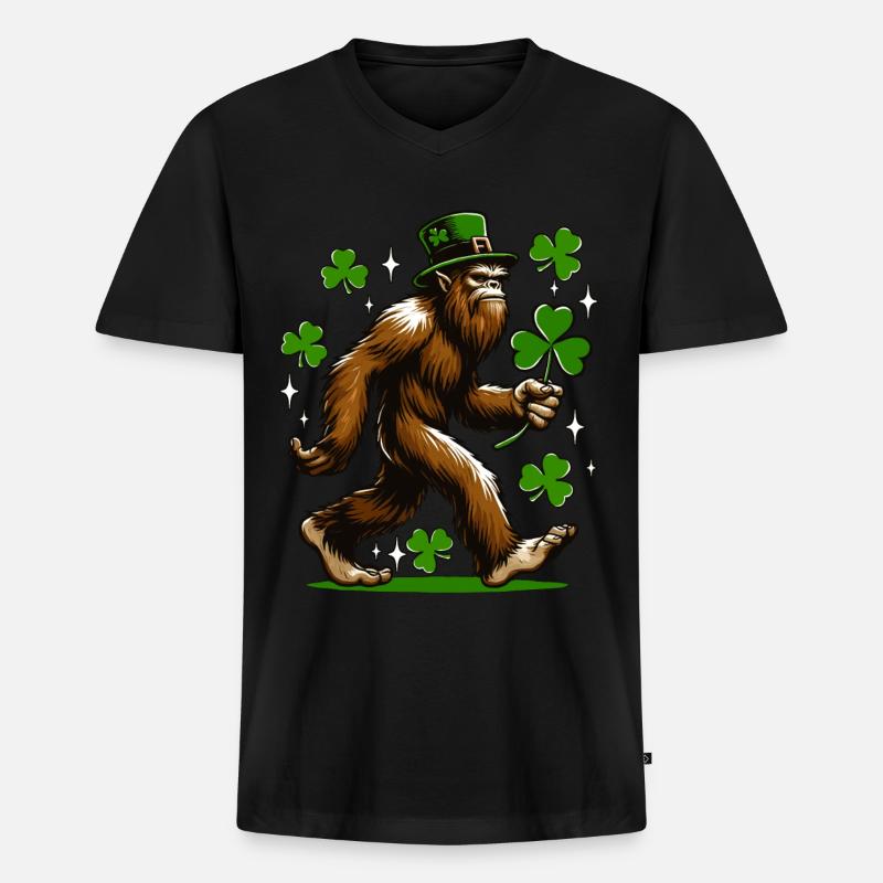 Bigfoot mit Kleeblatt - Männer Premium Bio T-Shirt mit V-Ausschnitt - Schwarz