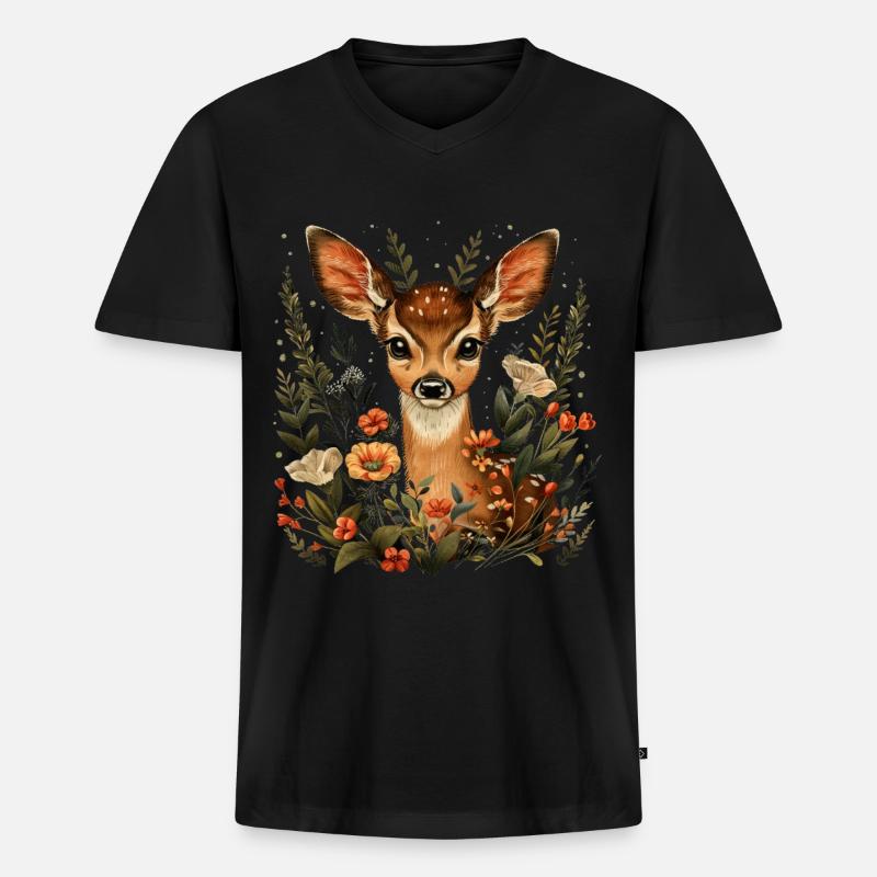 Blumen Hirsch - Männer Premium Bio T-Shirt mit V-Ausschnitt - Schwarz