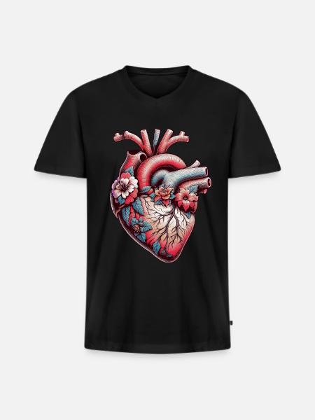 Anatomisches Herz mit Blumen - Männer Premium Bio T-Shirt mit V-Ausschnitt - Schwarz