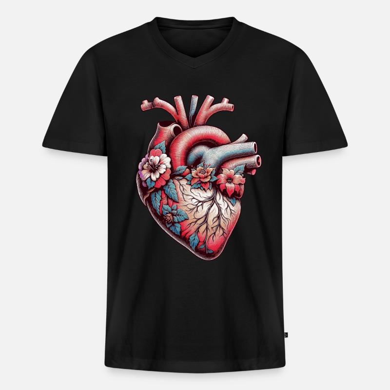 Anatomisches Herz mit Blumen - Männer Premium Bio T-Shirt mit V-Ausschnitt - Schwarz