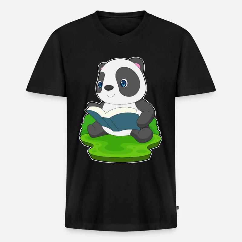 Panda Buch - Männer Premium Bio T-Shirt mit V-Ausschnitt - Schwarz