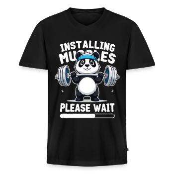 Panda Training Muscles Fitness Shirt - T-shirt encolure en V Premium bio Homme - noir - Devant - Nico (187cm)