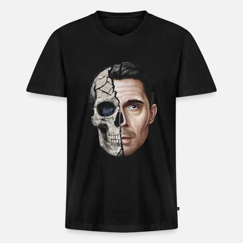 Halb Mensch, halb Schädel - Männer Premium Bio T-Shirt mit V-Ausschnitt - Schwarz