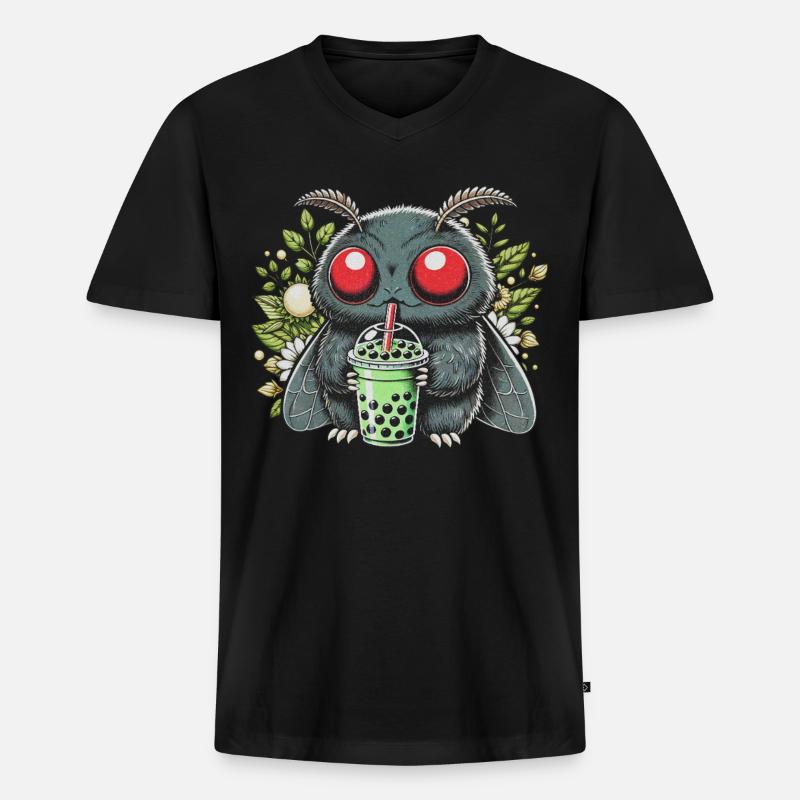 Mothman Drinking Bubble Tea - Männer Premium Bio T-Shirt mit V-Ausschnitt - Schwarz