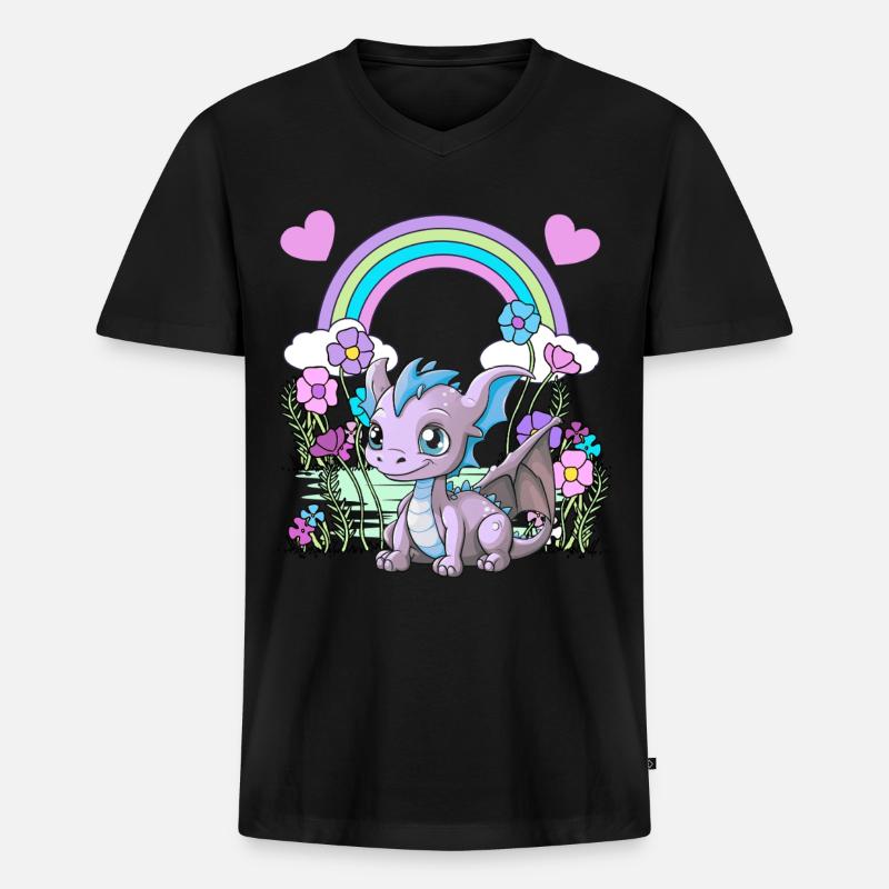 Drache Drachen Kinder Kind Regenbogen - Männer Premium Bio T-Shirt mit V-Ausschnitt - Schwarz