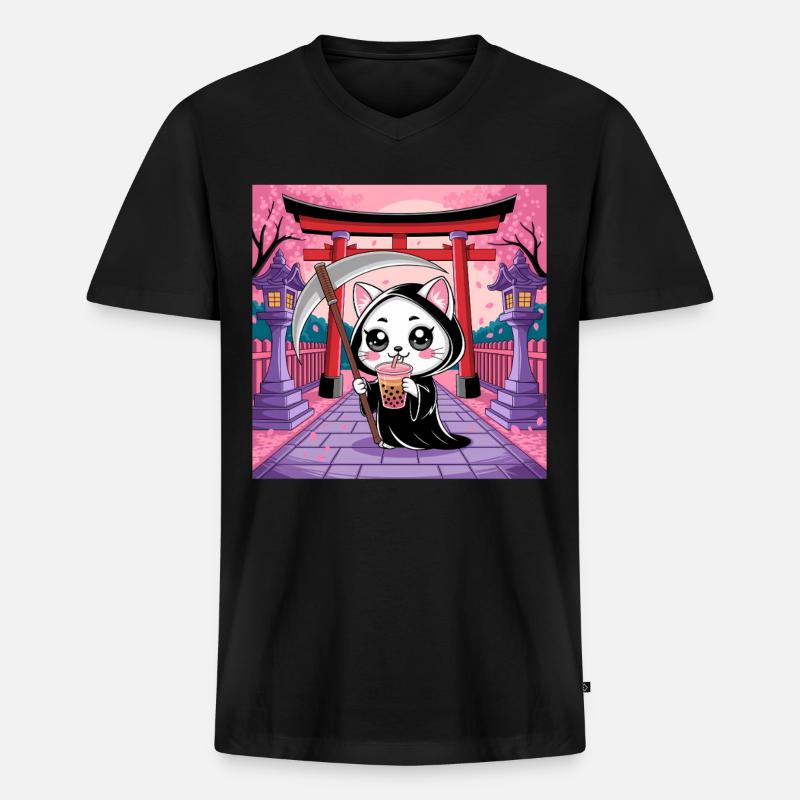 Sensenmann Anime Katze Kirschblüte - Männer Premium Bio T-Shirt mit V-Ausschnitt - Schwarz