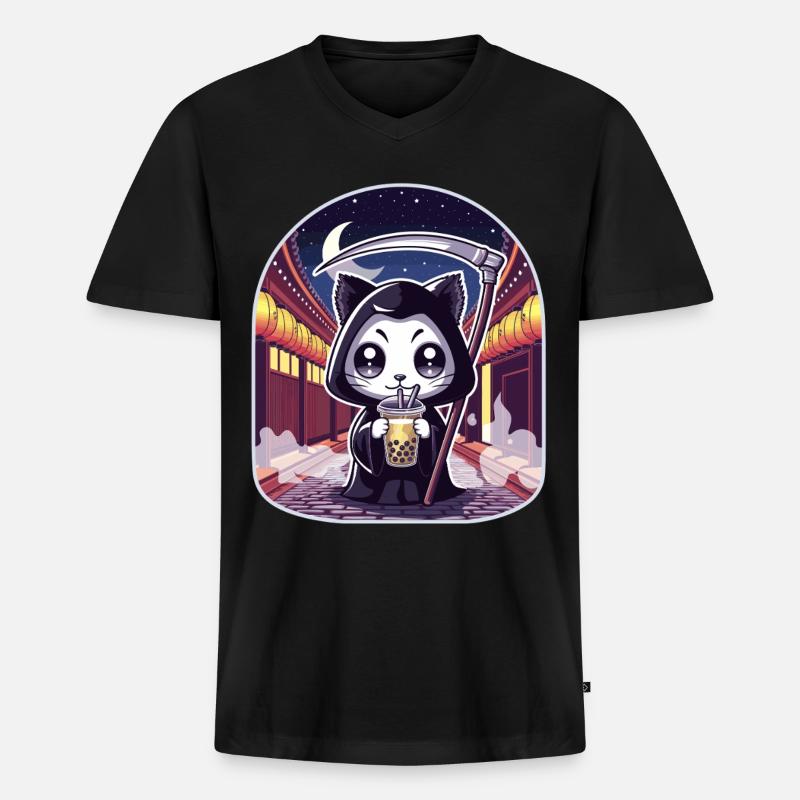 Sensenmann Anime Katze Kirschblüte - Männer Premium Bio T-Shirt mit V-Ausschnitt - Schwarz
