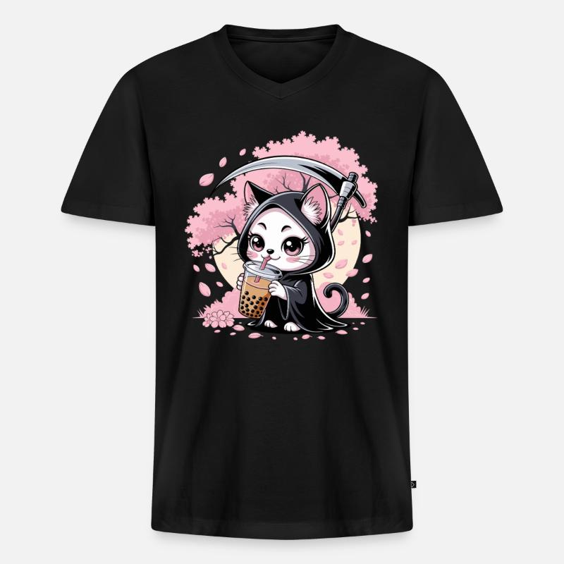 Sensenmann Anime Katze Kirschblüte - Männer Premium Bio T-Shirt mit V-Ausschnitt - Schwarz