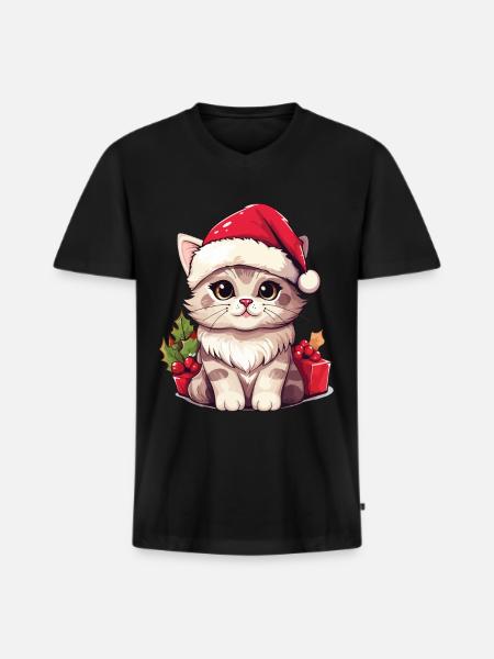 Cat Christmas Christmas Cat Cute Cartoon - Men's Premium Organic T-shirt with V-neck - black