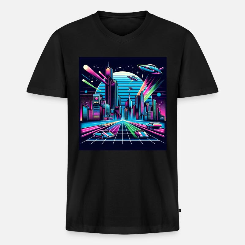 Synthwave Stadt mit UFOs - Männer Premium Bio T-Shirt mit V-Ausschnitt - Schwarz