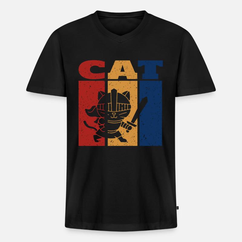 Ritter Katze Retro Design - Männer Premium Bio T-Shirt mit V-Ausschnitt - Schwarz