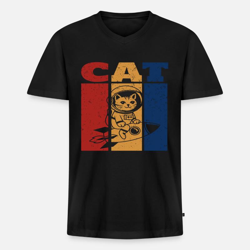 Astronaut Katze Retro Design - Männer Premium Bio T-Shirt mit V-Ausschnitt - Schwarz