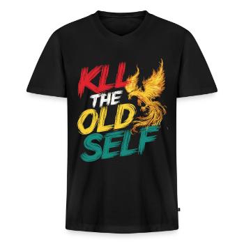 Motivationsshirt mit Flammen-Phönix - Männer Premium Bio T-Shirt mit V-Ausschnitt - Schwarz - Vorne - Nico (187cm)