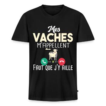 Vache Vaches Agriculteur Agriculture Agricultrice - T-shirt encolure en V Premium bio Homme - noir - Devant - Nico (187cm)