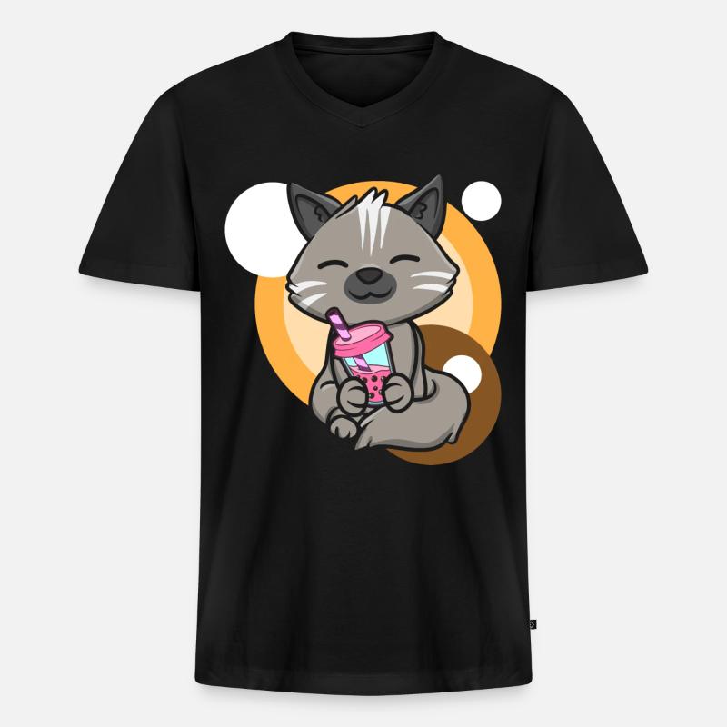 Katze und Bubble Tea - Männer Premium Bio T-Shirt mit V-Ausschnitt - Schwarz