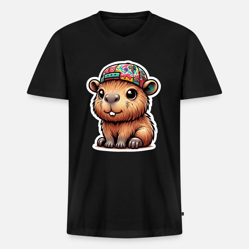 Capybara Mit Cap - Männer Premium Bio T-Shirt mit V-Ausschnitt - Schwarz