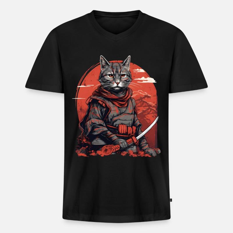 Samurai Katze Japan - Männer Premium Bio T-Shirt mit V-Ausschnitt - Schwarz
