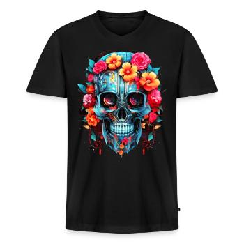 Cyborg Skull Robot Android Sugar Skull - T-shirt encolure en V Premium bio Homme - noir - Devant - Nico (187cm)