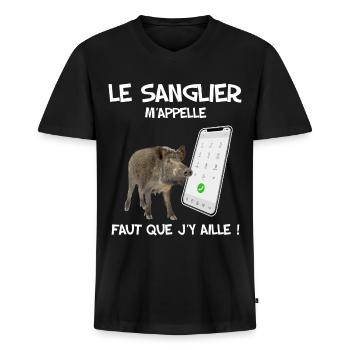 Sanglier humour pour mon chasseur préféré - T-shirt encolure en V Premium bio Homme - noir - Devant - Nico (187cm)