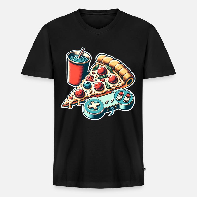 Pizza Gaming Gamer - Männer Premium Bio T-Shirt mit V-Ausschnitt - Schwarz
