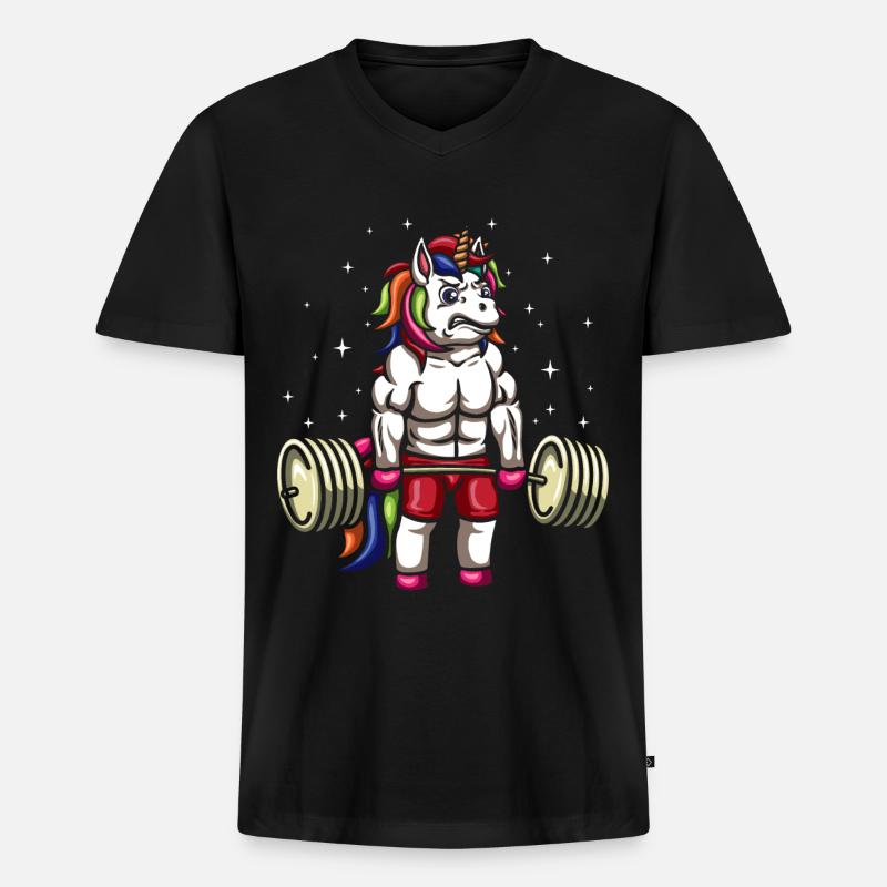 Einhorn Gewichtheber - Männer Premium Bio T-Shirt mit V-Ausschnitt - Schwarz