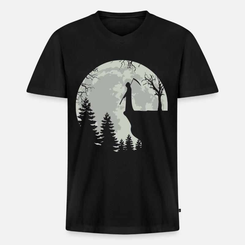 Skeleton Full Moon Grim Reaper - Männer Premium Bio T-Shirt mit V-Ausschnitt - Schwarz