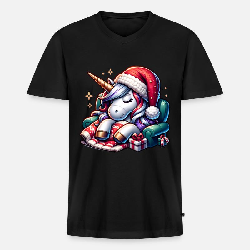 Weihnachts-Einhorn - Männer Premium Bio T-Shirt mit V-Ausschnitt - Schwarz
