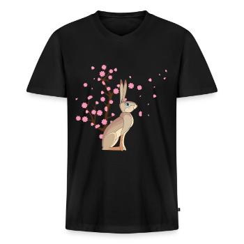 Lapin de cerisier en fleurs Japonaise Sakura Flower - T-shirt encolure en V Premium bio Homme - noir - Devant - Nico (187cm)