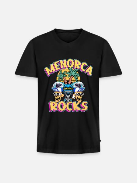 Menorca Verano Sun Beach Palmeras Fiesta Retro - Camiseta ecológica prémium para hombre con cuello de pico - negro