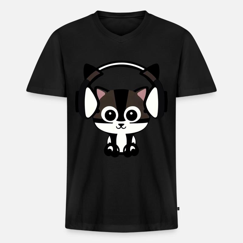 Melodische Samtpfote: Katze mit Headset - Männer Premium Bio T-Shirt mit V-Ausschnitt - Schwarz
