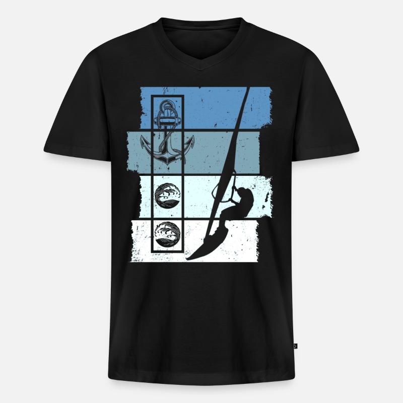 Windsurfen Retro - Männer Premium Bio T-Shirt mit V-Ausschnitt - Schwarz