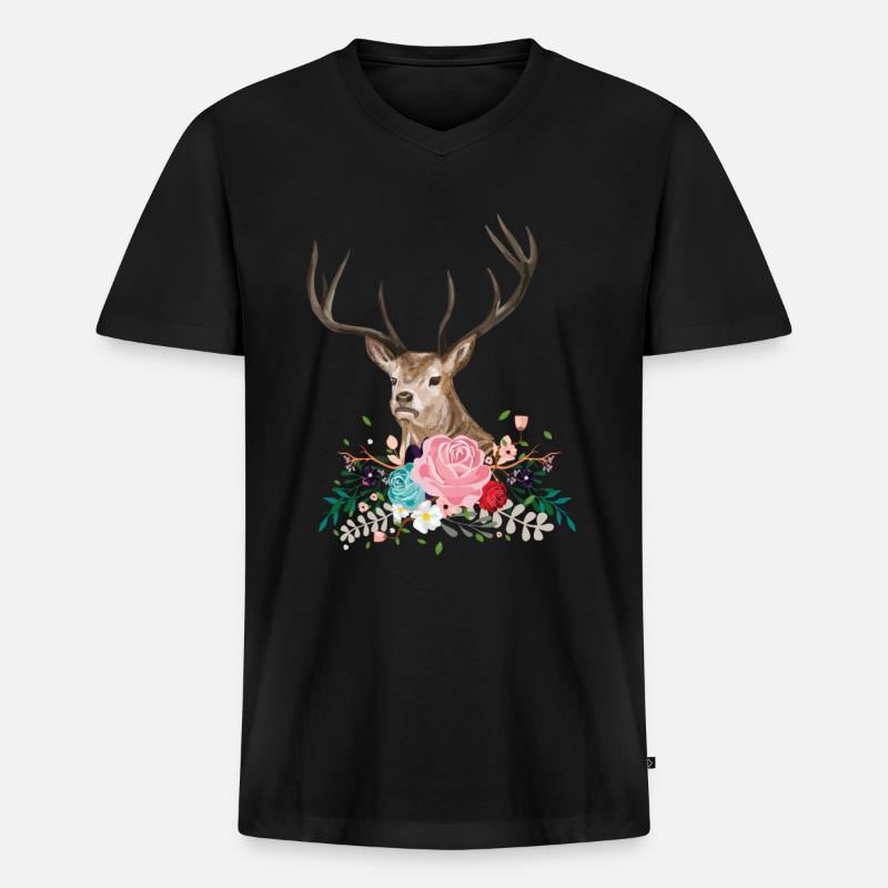 Deer Flower - Männer Premium Bio T-Shirt mit V-Ausschnitt - Schwarz