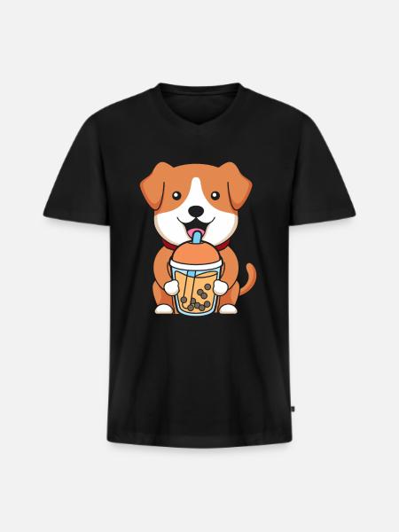 Bubble Tea Hund - Männer Premium Bio T-Shirt mit V-Ausschnitt - Schwarz
