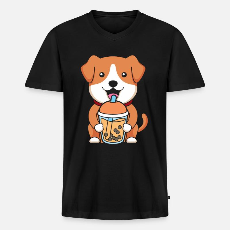 Bubble Tea Hund - Männer Premium Bio T-Shirt mit V-Ausschnitt - Schwarz