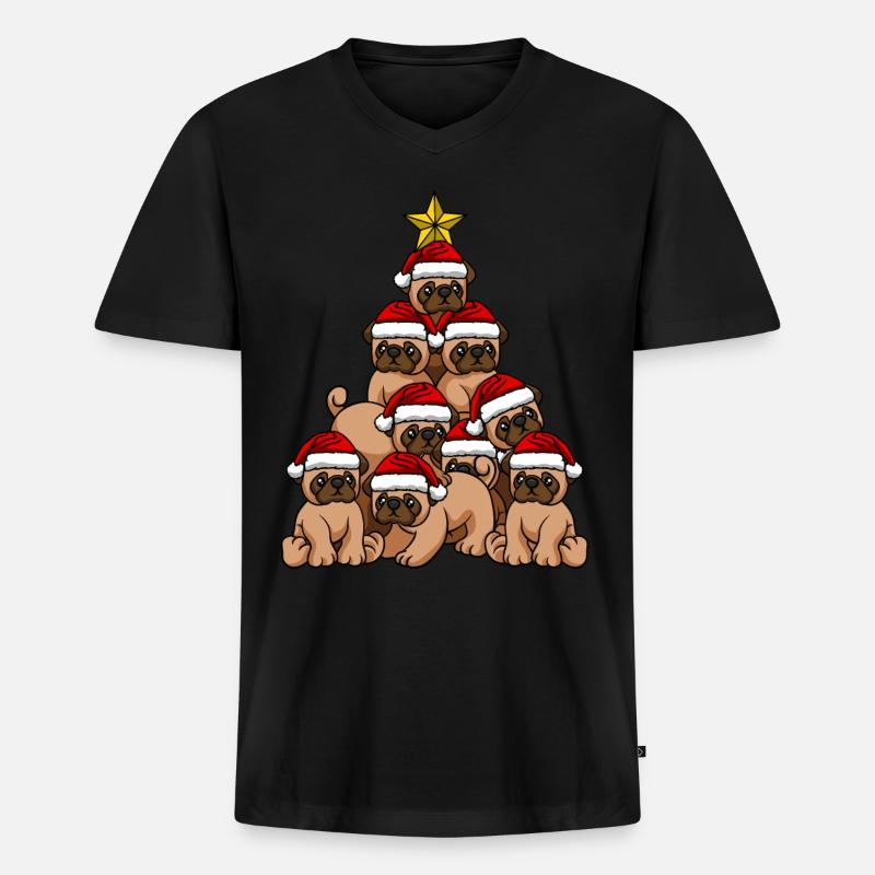 Hund Mops Weihnachtsbaum - Männer Premium Bio T-Shirt mit V-Ausschnitt - Schwarz