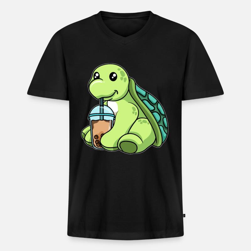 Kawaii Bubble Tea Schildkröte - Männer Premium Bio T-Shirt mit V-Ausschnitt - Schwarz