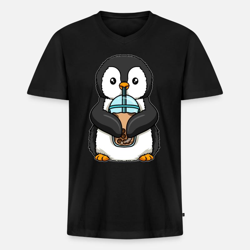 Kawaii Bubble Tea Pinguin - Männer Premium Bio T-Shirt mit V-Ausschnitt - Schwarz
