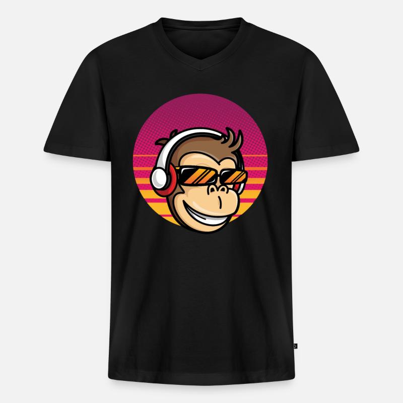 Monkey DJ Affe mit Kopfhörer - Männer Premium Bio T-Shirt mit V-Ausschnitt - Schwarz