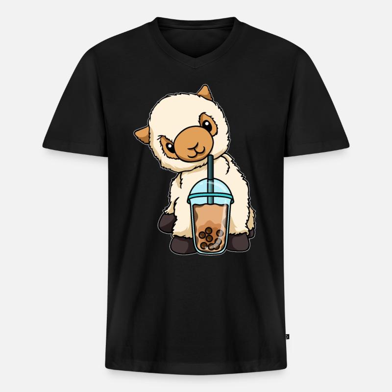 Kawaii Bubble Tea Lama - Männer Premium Bio T-Shirt mit V-Ausschnitt - Schwarz